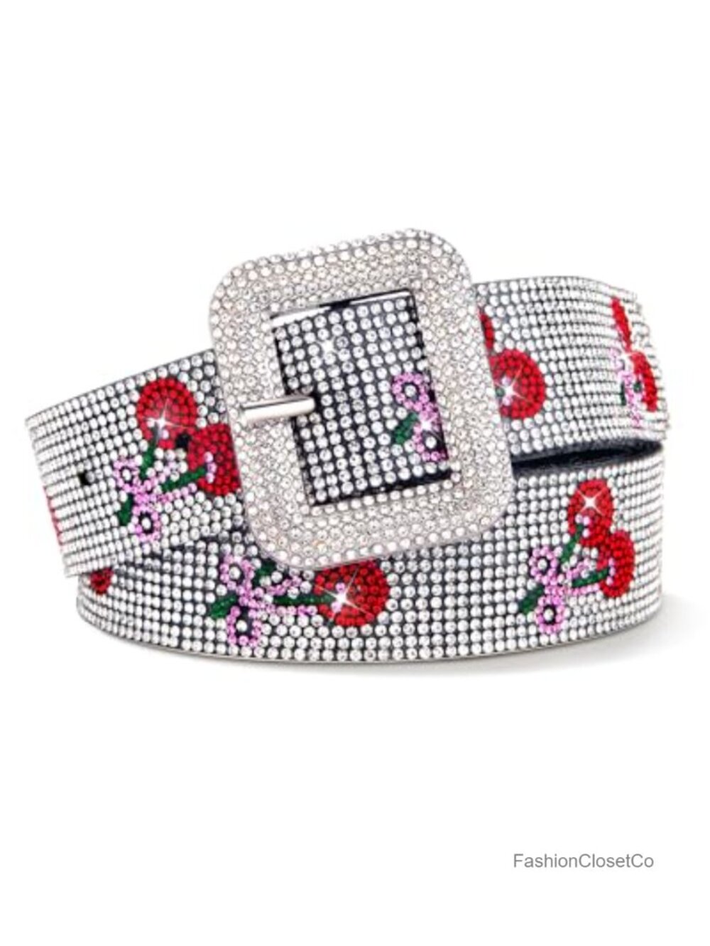 Sparkly Rhinestone Belt with Silver Buckle - Y2K Punk Women's Medium PU Leather